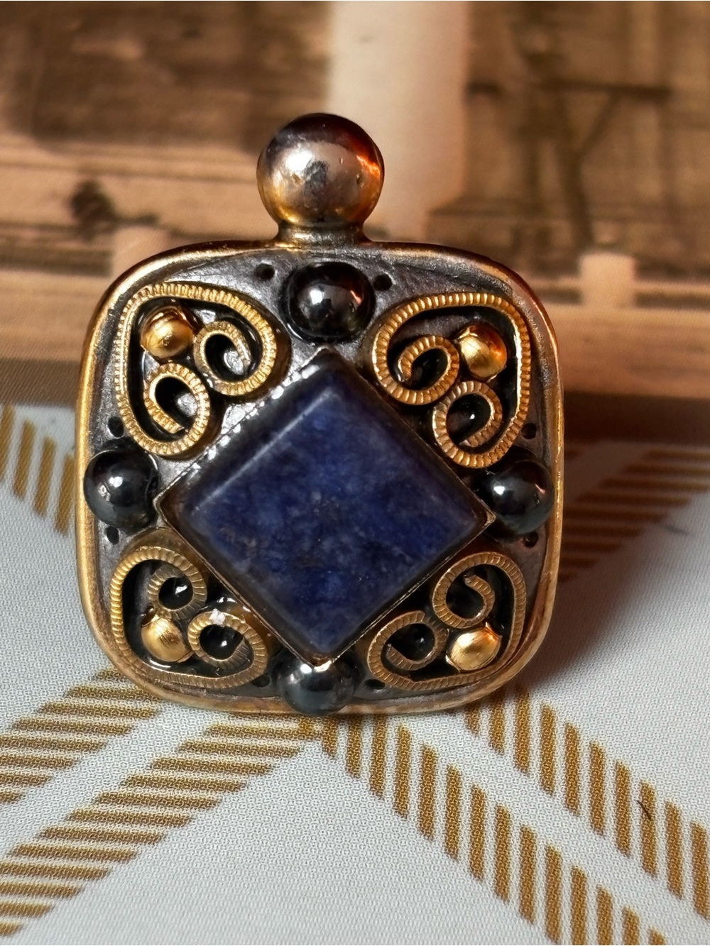VTG Michal Golan Byzantine-style square brooch pin heart filigree scrollwork